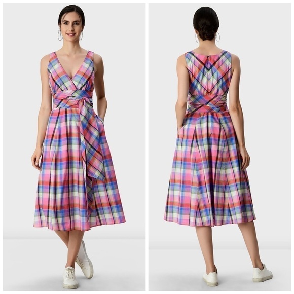 eShakti Cotton Voile Check Surplice Dress Multicolor Plaid Belted Pleated - Picture 1 of 9